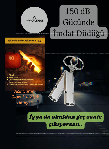 150 dB Acil Durum İmdat Düdüğü + Tek Kullanımlık Glow Stick Acil Durum Işığı